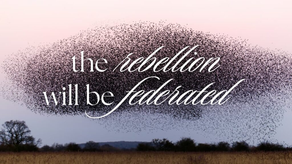 a photo of a bee swarm at dusk with the text the rebellion will be federated on top