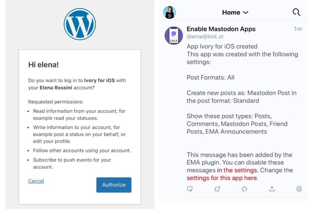 screenshots of the login page for Ivory where Wordpress asks for permission if I can log onto my WP account with Ivory for iOS. Then: a confirmation that it worked, shown in my Ivory feed